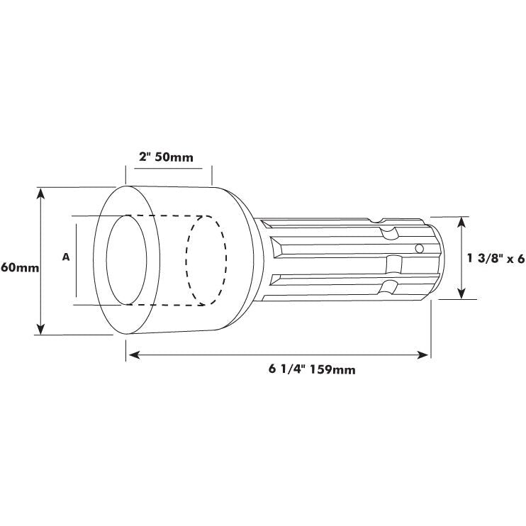 Technical drawing of a cylindrical object with dimensions labeled, resembling a PTO Pump Adaptor - Bore ⌀25mm x Male spline 1 3/8'' - 6. The length is 6 1/4 inches (159 mm), and the diameter is 2 inches (50 mm). Other labeled dimensions are 60 mm and Bore ⌀25mm x Male spline 1 3/8'' - S.15719 by Sparex. Suitable for applications up to 70HP.