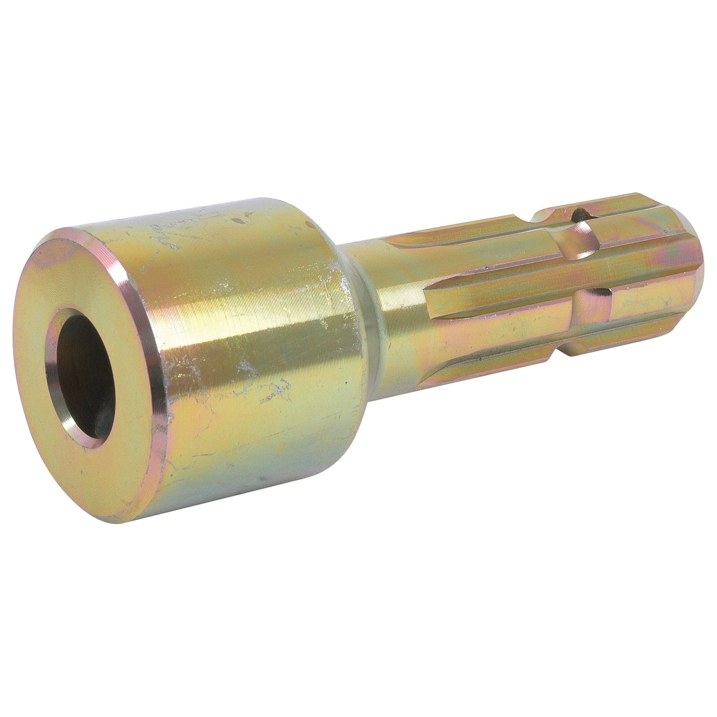 The Sparex PTO Pump Adaptor - Bore ⌀25mm x Male spline 1 3/8'' - 6. (S.15719) is a cylindrical metal component with a hollow center and grooved sides, designed for use as a mechanical part or connector in machinery. This standard-duty piece can function as a PTO pump adaptor for equipment up to 70HP.