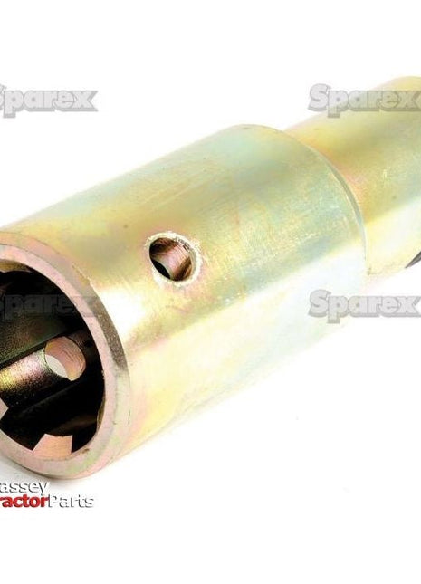 A metal cylinder component with internal threading, used in machinery. The background has text that reads "Sparex" and "Massey Tractor Parts". This PTO Pump Adaptor - Bore ⌀3/4'' x Female spline 1 3/8'' - 6 with Grub Screw (S.4982) from Sparex is designed for standard duty use up to 70HP.