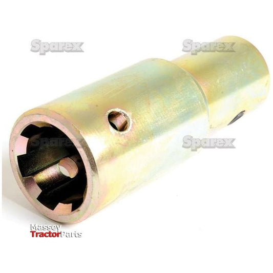 A metal cylinder component with internal threading, used in machinery. The background has text that reads "Sparex" and "Massey Tractor Parts". This PTO Pump Adaptor - Bore ⌀3/4'' x Female spline 1 3/8'' - 6 with Grub Screw (S.4982) from Sparex is designed for standard duty use up to 70HP.
