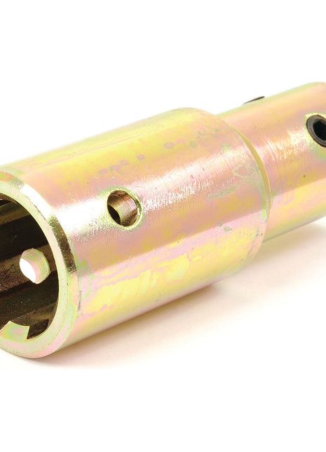 Introducing the Sparex PTO Pump Adaptor (Sparex Part No.S.4983): A high-quality metal joint featuring a polished finish, multiple hexagonal holes, and a grub screw for secure attachment. This adaptor has a bore diameter of 7/8'' and a female spline of 1 3/8'' - 6 for versatile connectivity.
