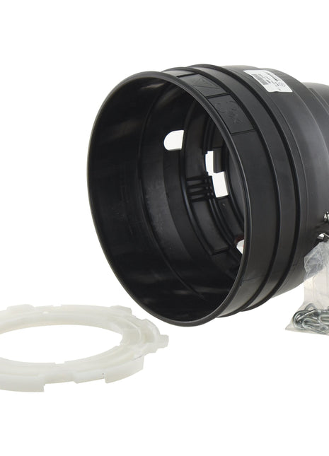 The Weasler PTO Safety Cone, Sparex Part No. S.39070, is a black cylindrical plastic component featuring a detachable white ring and a small metal chain. This product from the Sparex brand includes a chain attached to a sealed plastic bag containing additional small parts.