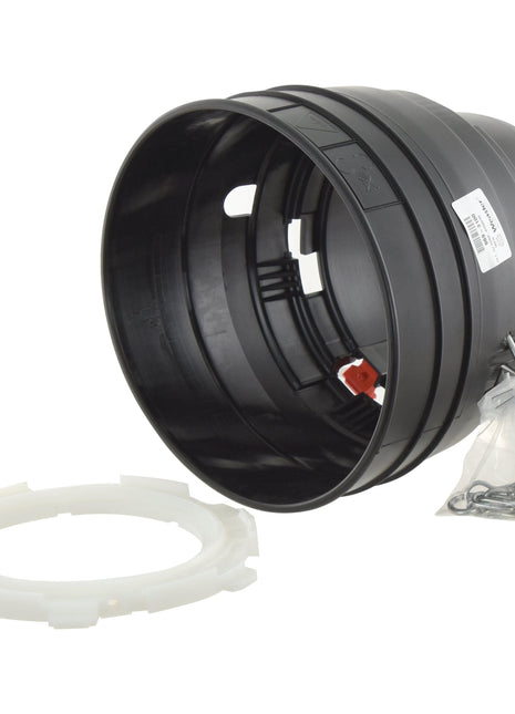 A large black plastic industrial component with a red valve, featuring a Sparex Weasler PTO Safety Cone (Sparex Part No. S.56634), is accompanied by a white ring and a small plastic bag containing a metal chain.