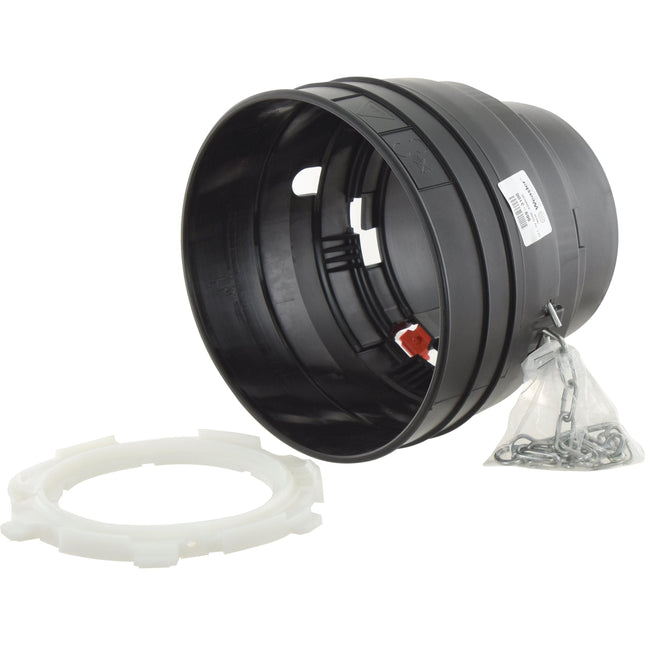 A large black plastic industrial component with a red valve, featuring a Sparex Weasler PTO Safety Cone (Sparex Part No. S.56634), is accompanied by a white ring and a small plastic bag containing a metal chain.