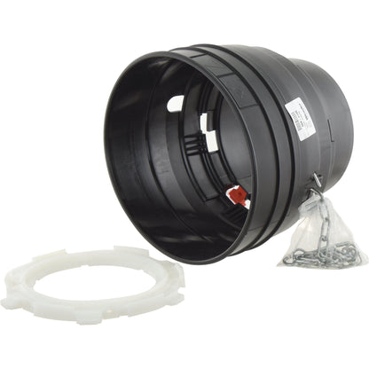 A large black plastic industrial component with a red valve, featuring a Sparex Weasler PTO Safety Cone (Sparex Part No. S.56634), is accompanied by a white ring and a small plastic bag containing a metal chain.