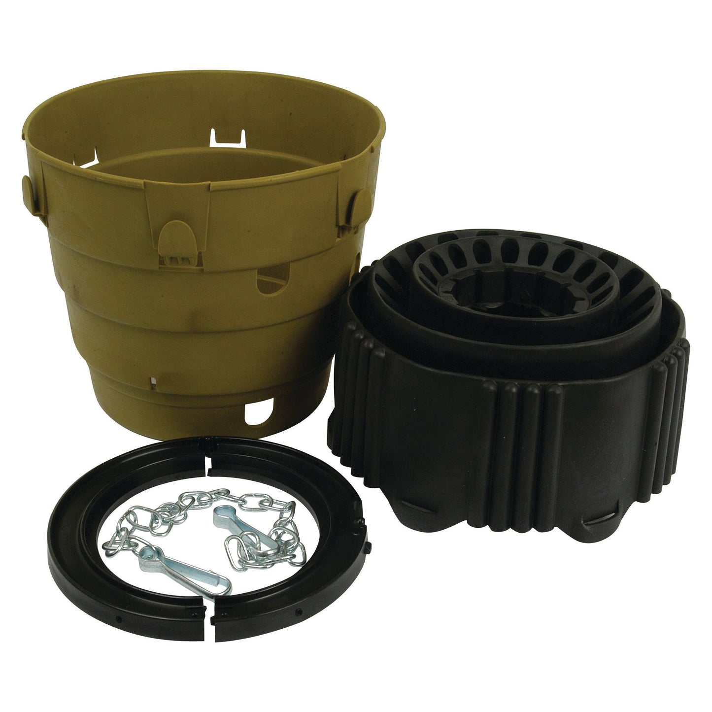 An olive-green bucket, a black container with ridges, a circular lid, and a chain link attachment set are displayed on a white background, alongside the Sparex PTO Safety Cone (Sparex Part No. S.6669) from the Sparex brand.