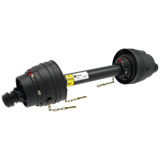 Image of a black, mechanical device with cylindrical components on either end, connected by a central shaft. Featuring warning labels and safety chains, this is the Weasler PTO Shaft - EUCV Wide Angle - Both Ends by Sparex (Sparex Part No.S.39030), known for its reliable HP rating.
