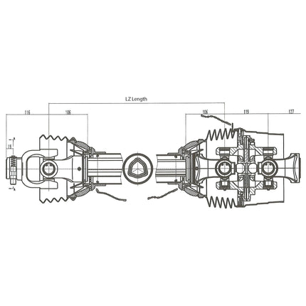 Technical drawing of a mechanical component in the Sparex PTO Shaft - EUCV Wide Angle series, showing two symmetric parts with precise measurements annotated, connecting two joints with bellows and multiple coupling points for Tractor End applications. The specific part illustrated is the Sparex PTO Shaft - EUCV Wide Angle - One End, Part No. S.119795, featuring a length (Lz) of 1010mm and 1 3/8'' x 6 Spline 80° W.A. to 1 3/8'' x 6 Spline Q.R.