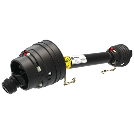 Image of a black Weasler PTO Shaft - EUCV Wide Angle, Sparex Part No. S.39027, with safety chains and protective covers on both ends, designed for transmitting power from a tractor to an implement. Suitable for the PTO Series, this shaft can handle up to 52HP and has a length of 1010mm with 1 3/8'' x 6 Spline connections offering an 80° wide angle on one end.
