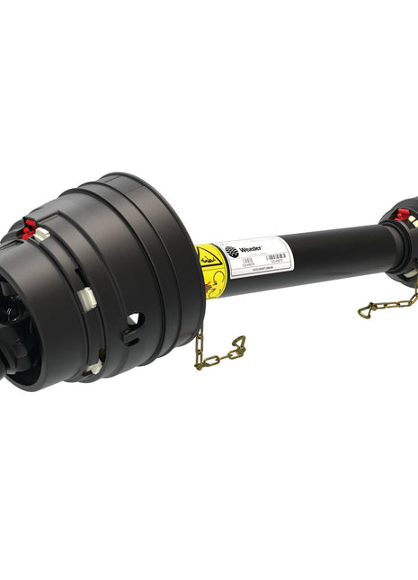 The Sparex Weasler PTO Shaft - EUCV Wide Angle, with an 860mm length and cylindrical ends featuring a 1 3/8'' x 6 Spline 80° W.A. to a 1 3/8'' x 6 Spline Q.R., includes safety chains and is designed for power transmission in machinery, perfectly compatible with the Weasler German Series at 540RPM.