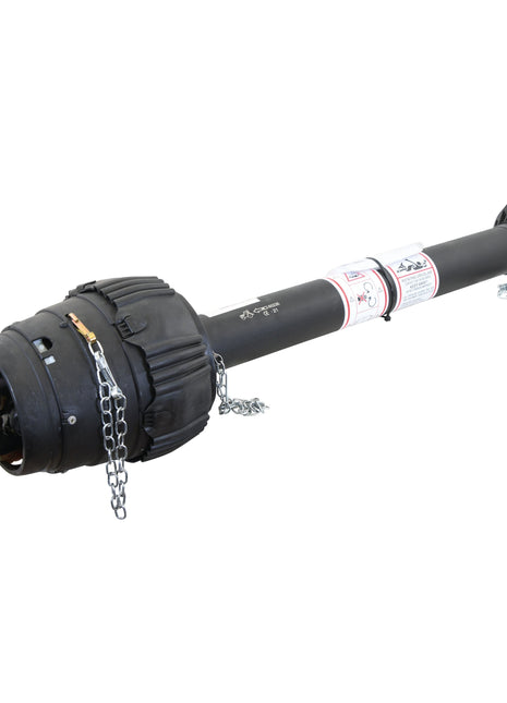 Image of the Sparex PTO Shaft - EUCV Wide Angle - One End, 1 3/8'' x 6 Spline 80° W.A. to 1 3/8'' x 6 Spline Q.R., with a length of 970mm and featuring protective coverings and attached safety chains on both ends.