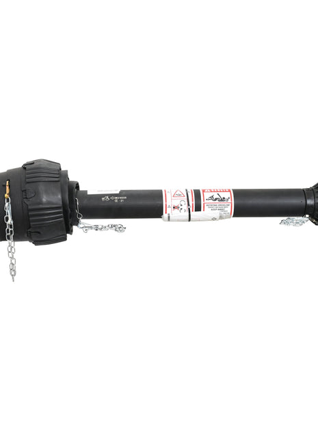 A black Sparex PTO Shaft - EUCV Wide Angle - One End, featuring safety chains and warning labels, with a length of 980mm and a 1 3/8'' x 6 Spline 80° W.A. to 1 3/8'' x 6 Spline Q.R., part of the Sparex Part No. S.29004 line.