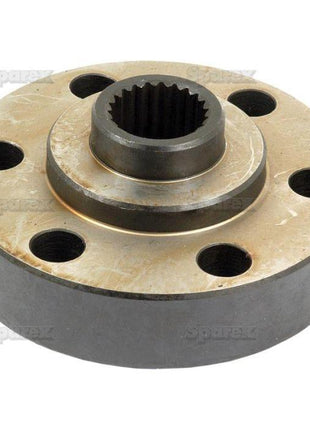 The PTO Drive Hub (Sparex Part No.S.43159), a metallic flanged hub featuring five holes and a central 22-spline configuration, showcases a wear patina in silver and bronze hues, indicative of the durable parts commonly utilized in Ford / New Holland machinery.