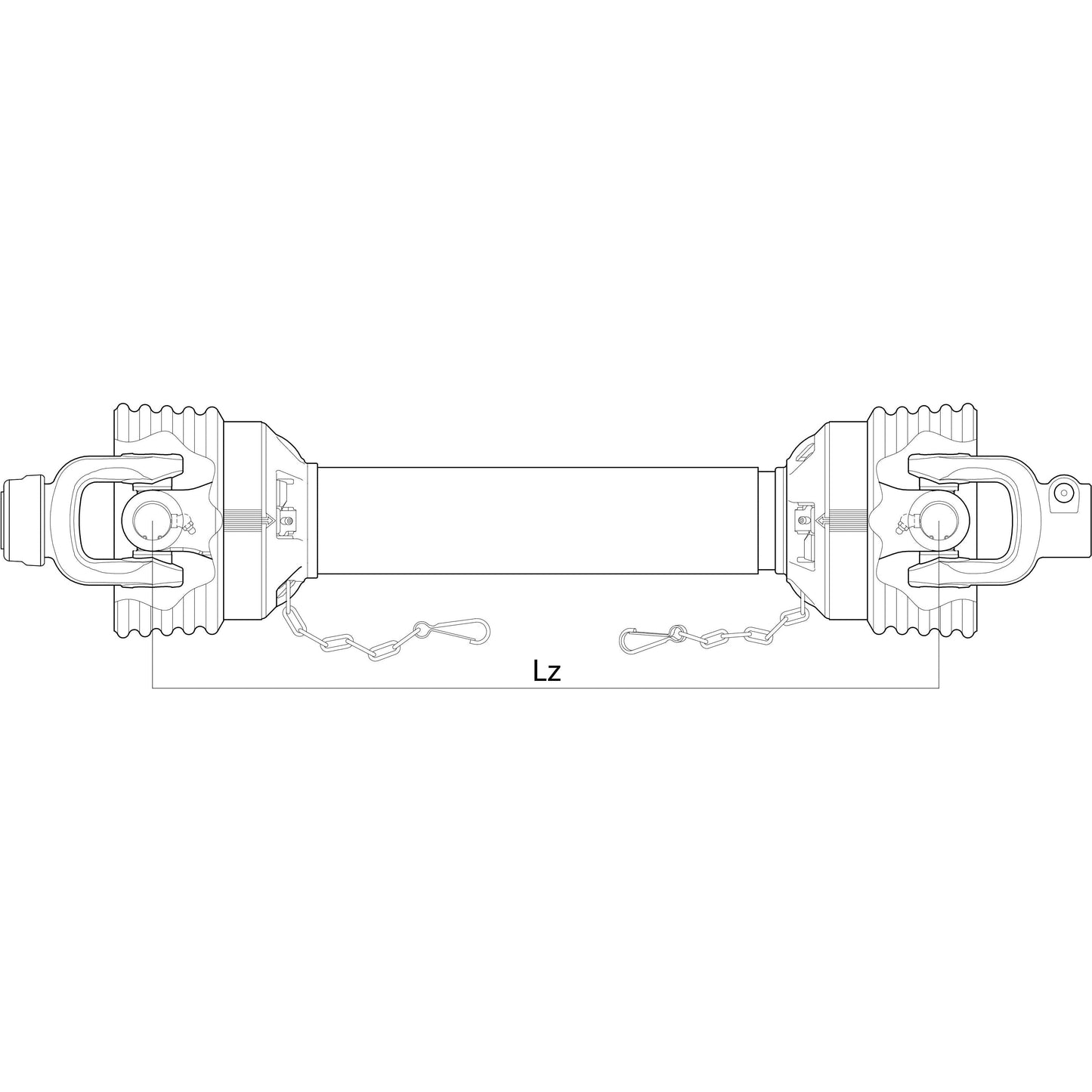 Technical drawing of a mechanical coupling component with labeled dimension "Lz". The PTO Shaft - S.26372 by Sparex, with a length of 1010mm and featuring 1 3/8'' x 6 spline quick release connections on both ends, resembles designs like the Italian Series AB4/A4 and includes gears, locking elements, and connecting chains.
