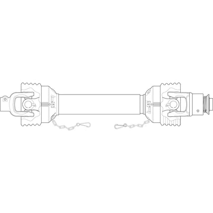 Technical drawing of a mechanical shaft with couplings at both ends, connected by chains, featuring the Sparex PTO Shaft - (Lz) Length: 1050mm, 1 3/8'' x 6 Spline Q.R. to 1 3/8'' x 6 Spline Overrunning Clutch (clockwise) - S.26778.