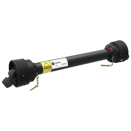 A Sparex black mechanical part with warning labels and two circular ends equipped with safety clips, designed for compatibility with the Weasler PTO Shaft - (Lz) Length: 560mm, 1 3/8'' x 6 Spline Q.R. to 1 3/8'' x 6 Spline Q.R. (Sparex Part No.S.118356).