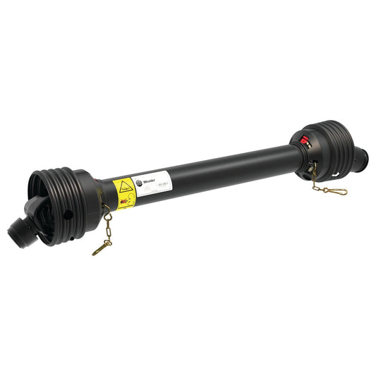 Introducing the Weasler PTO Shaft by Sparex, model S.39034 - measuring 710mm in length and featuring a 1 3/8'' x 6 spline quick release to a 1 3/8'' x 6 spline overrunning clutch (anti-clockwise). This black, cylindrical mechanical part is equipped with yellow warning labels for safety and has metal safety chains attached at both ends.