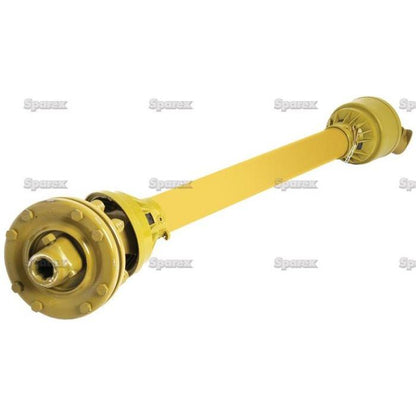 Image of a yellow PTO shaft with universal joints at both ends, designed for transmitting mechanical power from a tractor to an attached implement. Part of the Italian Series, the Sparex PTO Shaft - (Lz) Length: 930mm, 1 3/8'' x 6 Spline Q.R. to 1 3/8'' x 6 Spline Friction Disc Clutch - S.23204 boasts an impressive HP Rating and precise Clutch Setting Nm for optimal performance.