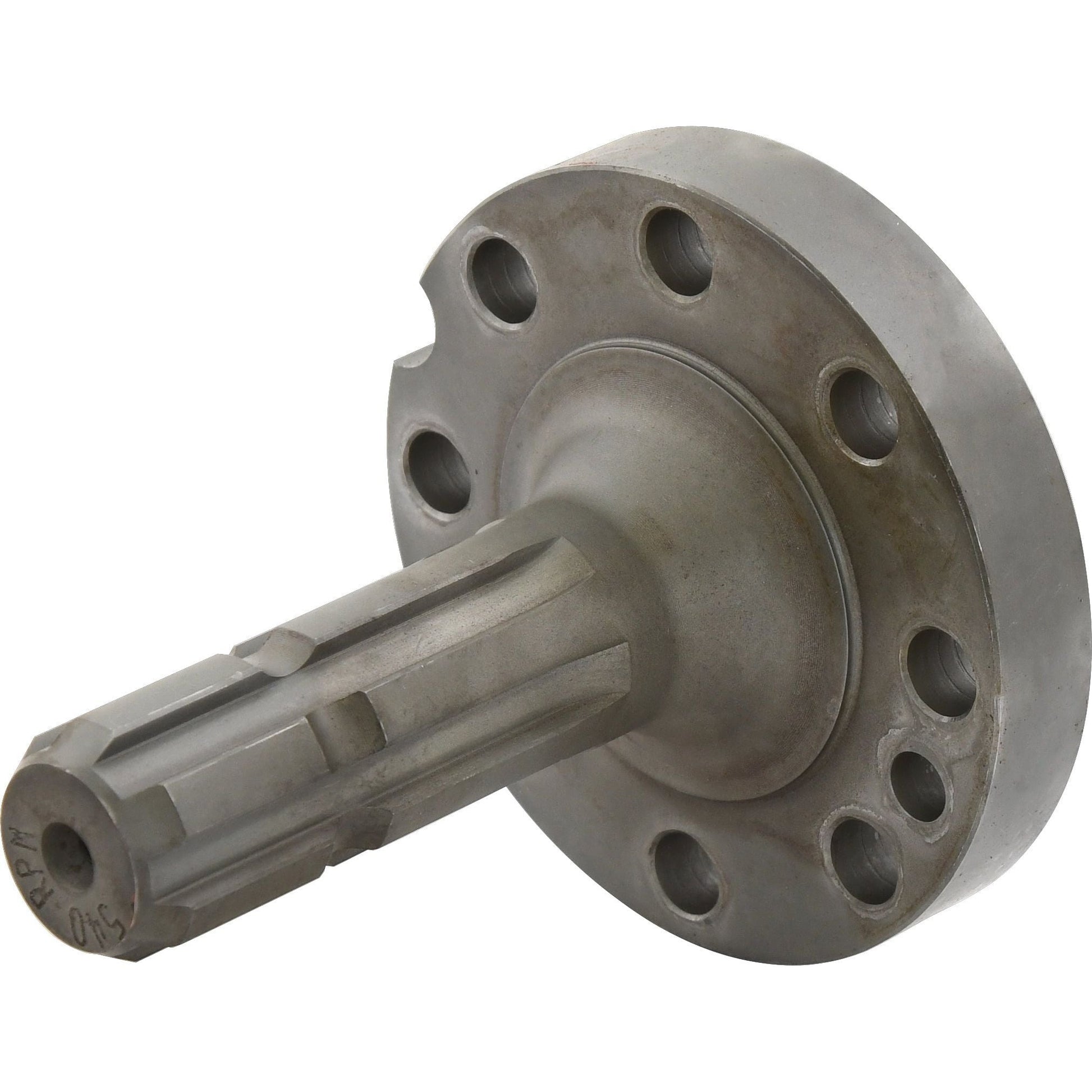 The PTO Shaft - S.260164 by Sparex is a metal machined part featuring a cylindrical PTO shaft and a circular flange with bolt holes. It is designed to operate at 540 RPM, with the shaft including evenly spaced grooves that make it compatible with Massey Ferguson equipment.