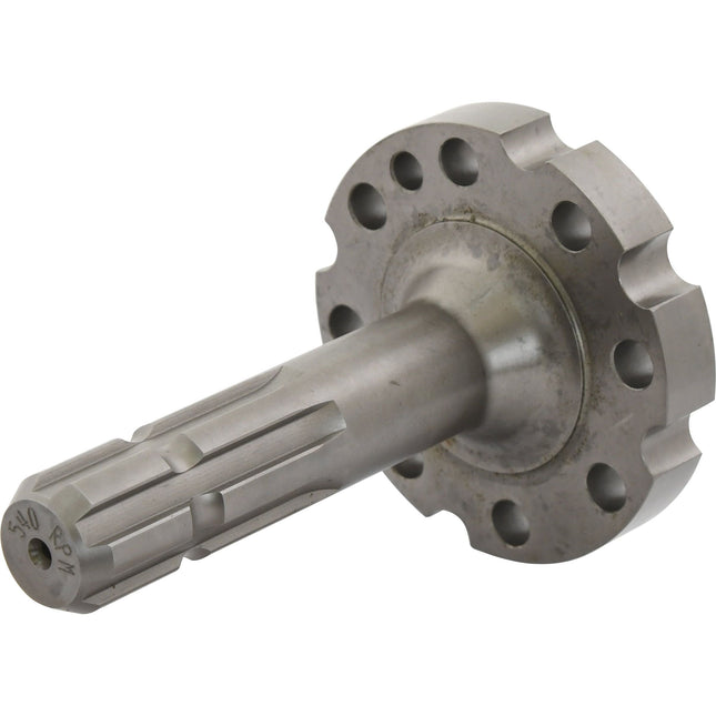 The PTO Shaft - S.260167 by Sparex is a metal cylindrical gear with a flanged end featuring multiple holes and a notched section along its shaft, designed for compatibility with Massey Ferguson PTO shafts and operating at 540 RPM.