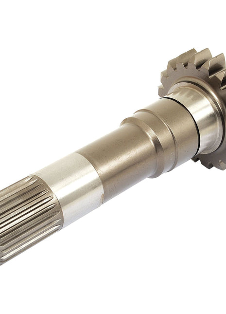 A metallic PTO Shaft - S.43895 by Sparex, featuring a toothed sprocket on one end and splines within a grooved cylindrical structure on the other end.