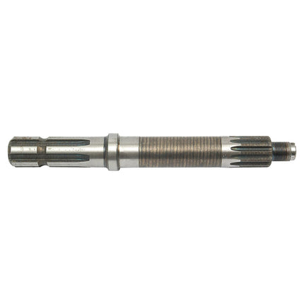 A metal cylindrical machine part with grooves and ridges along its surface, commonly referred to as the PTO Shaft - S.69866 by Sparex, used in mechanical systems for rotating parts and transferring torque efficiently while handling high RPM.