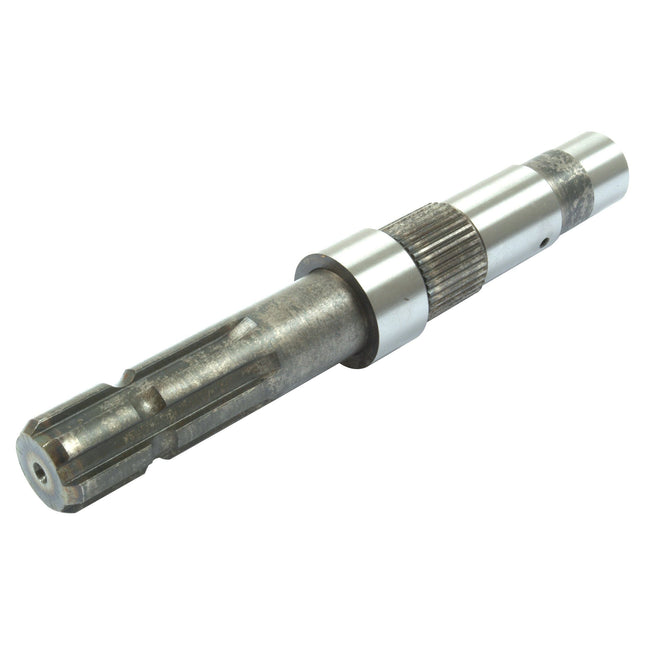 The PTO Shaft Display Stand - S.75174 by Sparex, a metallic, cylindrical gear shaft with splines and grooves, designed to handle up to 1000 RPM, is showing signs of wear.