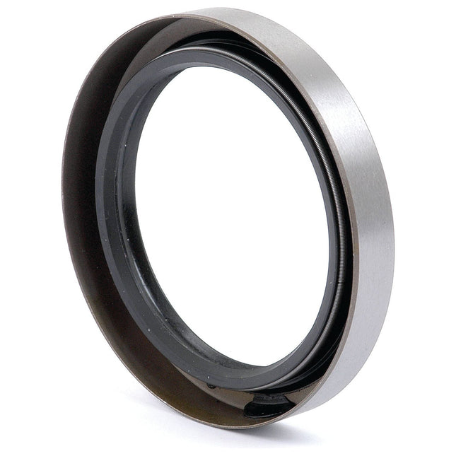 A metallic ring with a black inner lining and a brushed exterior finish, viewed from a slightly angled perspective, reminiscent of the precision engineering found in Sparex PTO Shaft Seal (Part No. S.43456).