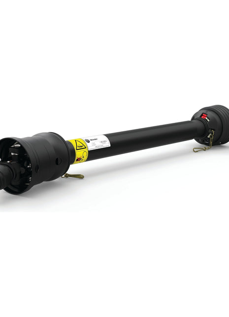 The Sparex Weasler PTO Shaft - WWCV Wide Angle, measuring 1010mm in length, features protective covers at both ends with safety warning labels and is part of the Weasler German Series. This black PTO shaft has 1 3/8'' x 6 Spline connections and operates at an 80° wide angle to a quick-release format. The specific Sparex part number for this product is S.138094.