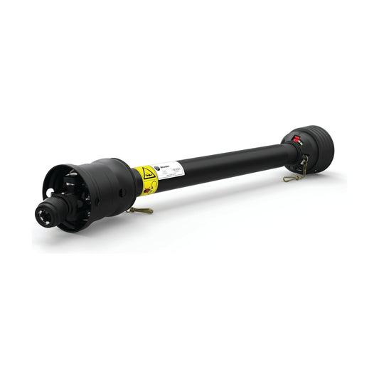 The Sparex Weasler PTO Shaft - WWCV Wide Angle, measuring 1010mm in length, features protective covers at both ends with safety warning labels and is part of the Weasler German Series. This black PTO shaft has 1 3/8'' x 6 Spline connections and operates at an 80° wide angle to a quick-release format. The specific Sparex part number for this product is S.138094.