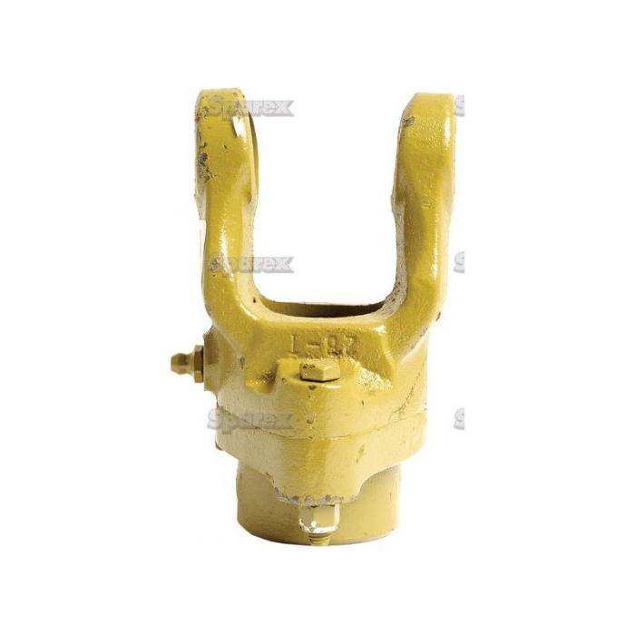 A yellow metal PTO Shearbolt Clutch U-joint yoke with a bolt and cylindrical bottom, compatible with Italian Series AB2/A2, used in machinery and automotive applications. Product dimensions: 23.8 x 61.2mm; size: 1 3/8''-6 spline - Sparex S.6156.
