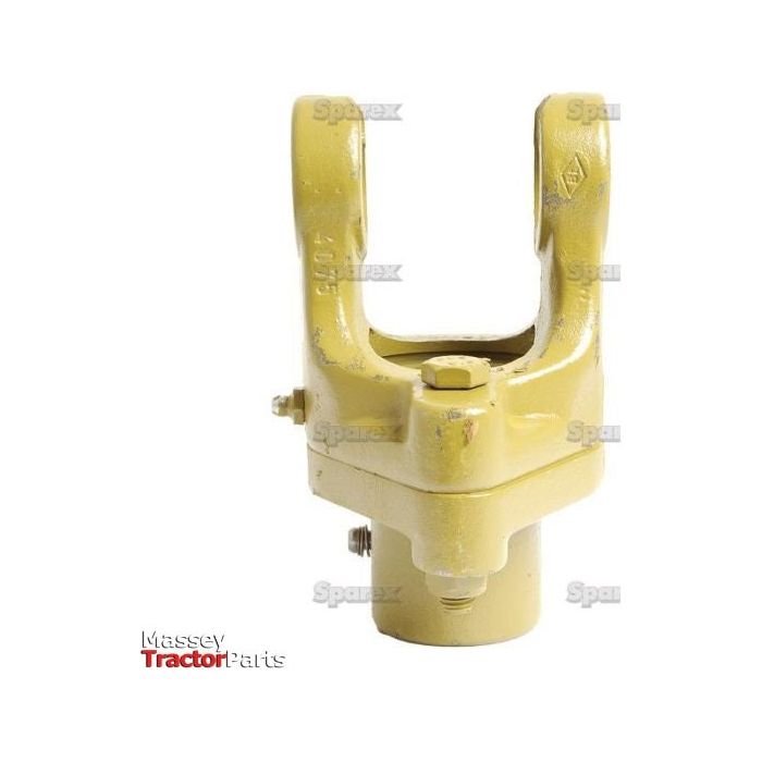 Yellow PTO Shearbolt Clutch (U/J Size: 32 x 76mm) measuring 1 3/8''-6 Spline - S.6154, designed for attachment with two prongs, set against a white background. Logos "Sparex" and "Massey Tractor Parts" are visible.