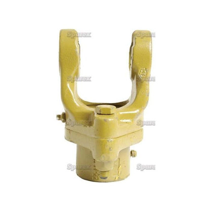 The Sparex PTO Shearbolt Clutch (S.6262) features a yellow metal clevis with a pin, designed for connecting and securing components in mechanical applications, and is optimized for universal joint dimensions of 36 x 89 mm, fitting a 1 3/8''-6 spline size.