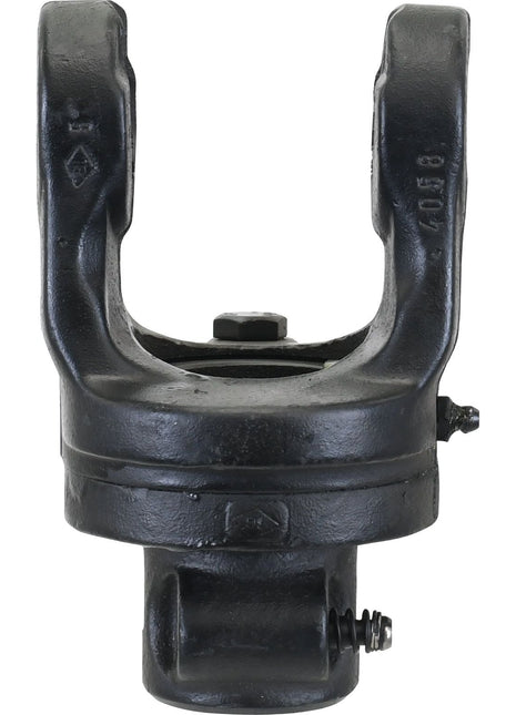 The Sparex PTO Shearbolt Clutch (U/J Size: 27 x 70mm, Size: 1 3/8''-6 Spline - S.6153) is a black metal component featuring a U-shaped opening with a central bolt, engineered for optimal torque transfer in mechanical or automotive applications, adhering to standard Universal Joint Dimensions.