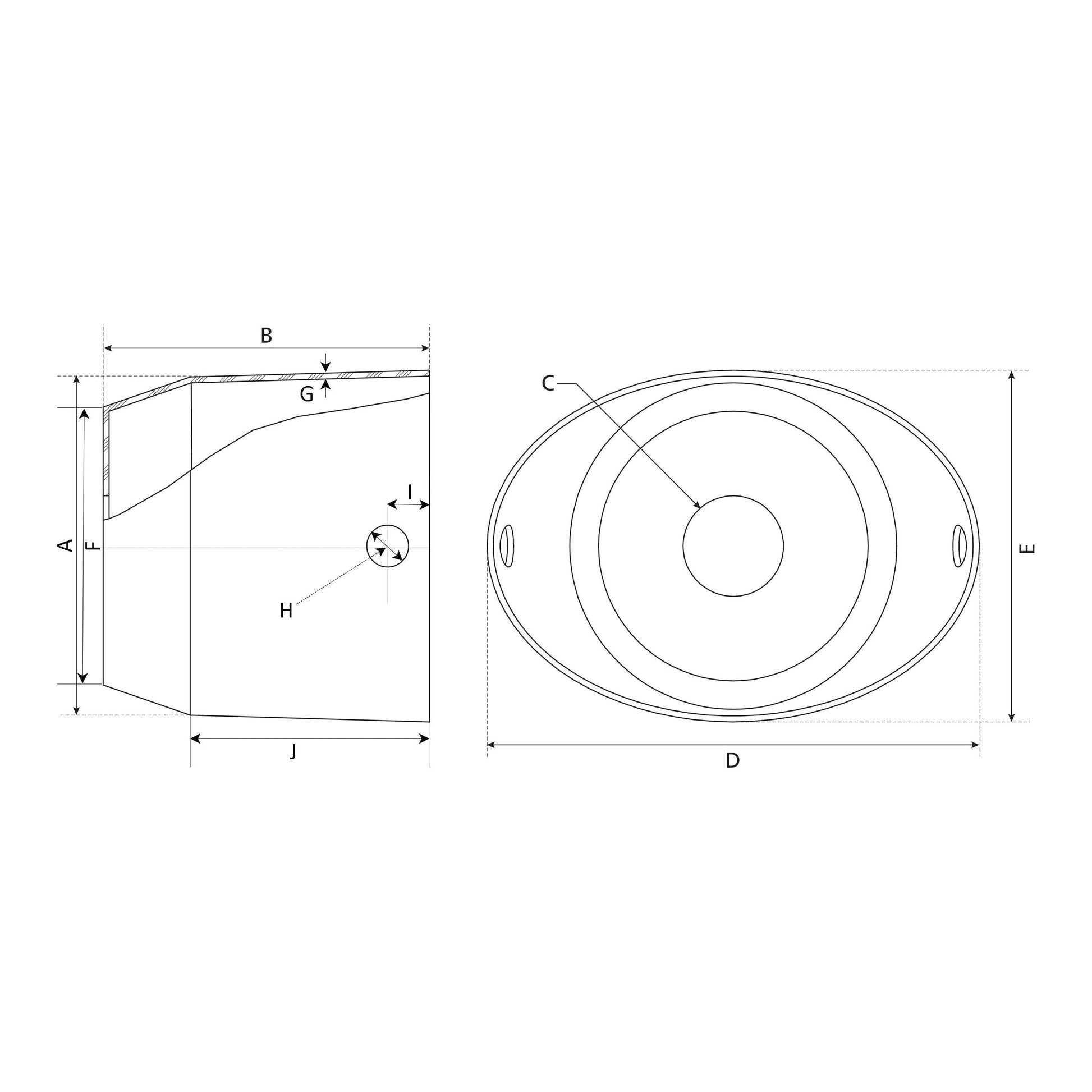 Technical drawing of a cylindrical object with dimensions labeled A, B, C, D, E, G, H, I, and J. The Sparex PTO Shield (Oval) 210mm x 294mm | Sparex Part No.S.14434 is prominently featured in both the side and top views.