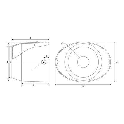 Technical drawing of a cylindrical object with dimensions labeled A, B, C, D, E, G, H, I, and J. The Sparex PTO Shield (Oval) 210mm x 294mm | Sparex Part No.S.14434 is prominently featured in both the side and top views.
