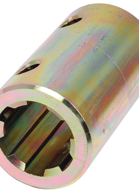 A Sparex PTO Splined Coupling - Female spline 1 1/8'' - 6 with S.286, featuring a cylindrical metal design with multiple holes and interior slots, suitable for connecting rotating shafts in mechanical applications.