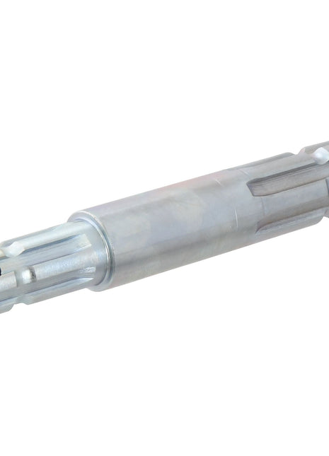 A stainless steel cylindrical component with grooves and holes on its surface, often referred to as the Sparex PTO Splined Shaft - Both Ends - 1 3/8'' - 6 Spline x 1 1/8'' - 6 Spline, Length: 230mm (Sparex Part No. S.278).