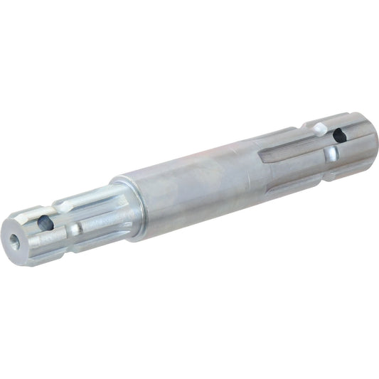 A stainless steel cylindrical component with grooves and holes on its surface, often referred to as the Sparex PTO Splined Shaft - Both Ends - 1 3/8'' - 6 Spline x 1 1/8'' - 6 Spline, Length: 230mm (Sparex Part No. S.278).