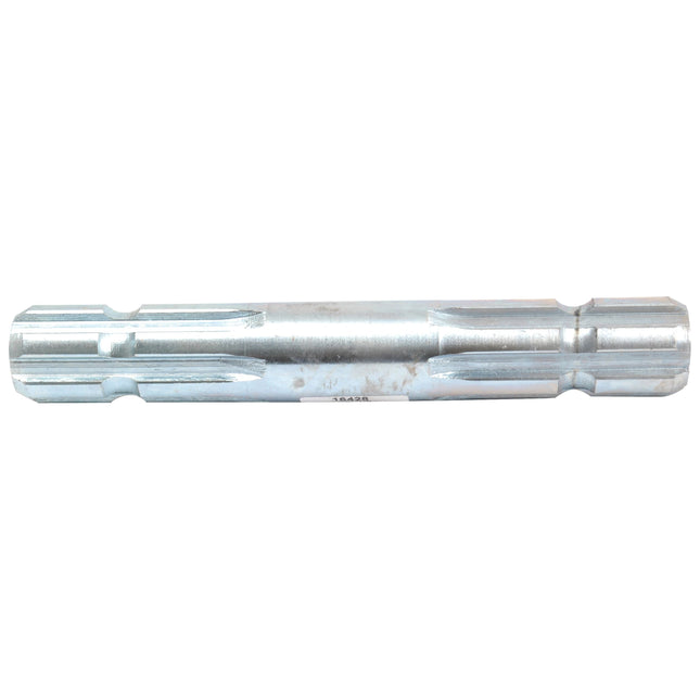 A cylindrical metal rod with notched ends, similar to the Sparex PTO Splined Shaft - Both Ends - 1 3/8'' - 6 Spline x 1 3/8'' - 6 Spline, Length: 150mm (Part No. S.16615), appears to be a machine part or component.
