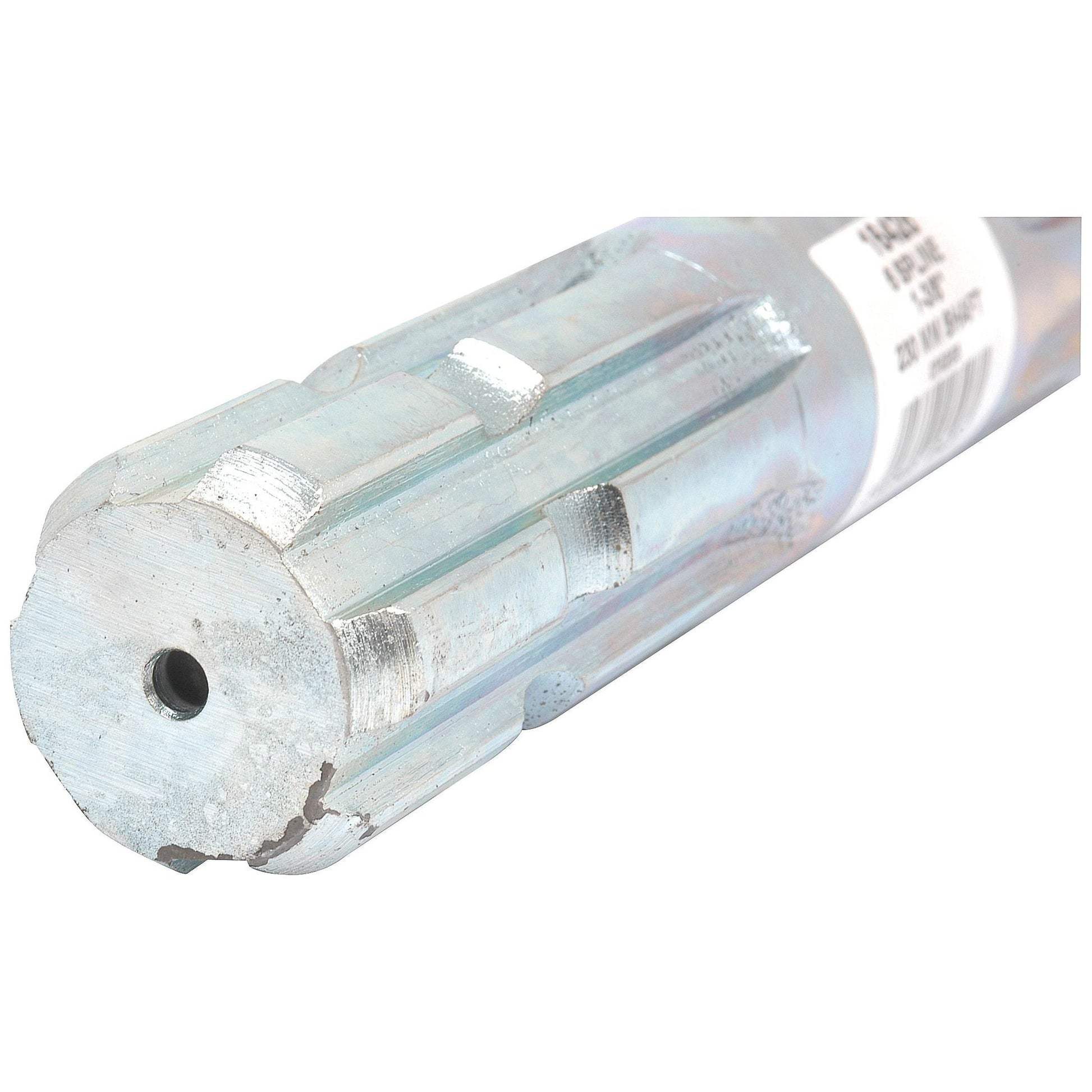 Close-up image of the Sparex PTO Splined Shaft - Both Ends - 1 3/8'' - 6 Spline x 1 3/8'' - 6 Spline, measuring 230mm in length (Sparex Part No. S.16428), featuring a cylindrical metal form with a hexagonal end and a small hole in the center.
