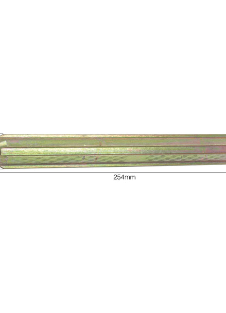 A cylindrical metal rod, Sparex's PTO Splined Shaft - Full Length (Sparex Part No. S.282), measures 254mm in length and 28.5mm in diameter, featuring a slightly textured surface and 1 1/8'' 6 splines.