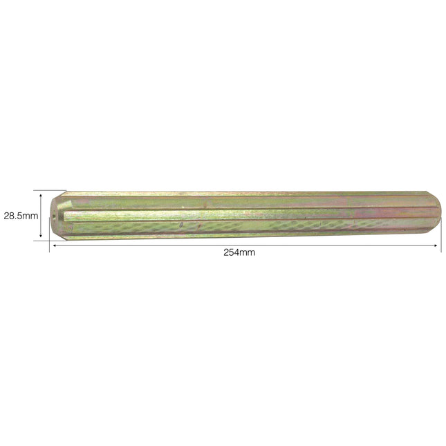 A cylindrical metal rod, Sparex's PTO Splined Shaft - Full Length (Sparex Part No. S.282), measures 254mm in length and 28.5mm in diameter, featuring a slightly textured surface and 1 1/8'' 6 splines.