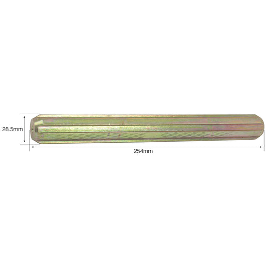 A cylindrical metal rod, Sparex's PTO Splined Shaft - Full Length (Sparex Part No. S.282), measures 254mm in length and 28.5mm in diameter, featuring a slightly textured surface and 1 1/8'' 6 splines.