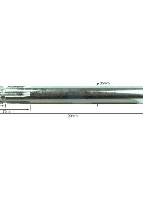 A cylindrical metal tube with dimensions marked: 135mm length, 35mm diameter, and 10mm from the end to the start of a narrower section with a diameter of 18mm, resembling a Sparex PTO Splined Shaft - One End - 1 3/8'' - 6 Spline (Sparex Part No. S.16383).