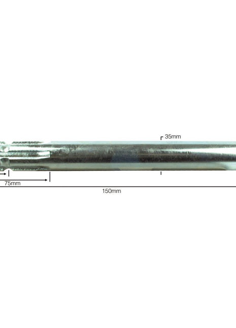 A Sparex PTO Splined Shaft (Sparex Part No. S.16426) with a 1 3/8'' - 6 Spline on one end measures 150mm in length and has specific segment measurements of 75mm and 53mm.