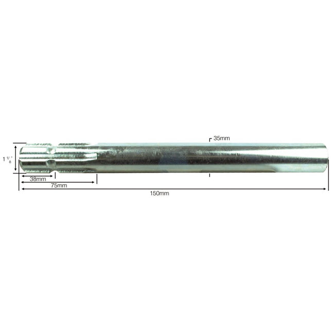 A Sparex PTO Splined Shaft (Sparex Part No. S.16426) with a 1 3/8'' - 6 Spline on one end measures 150mm in length and has specific segment measurements of 75mm and 53mm.