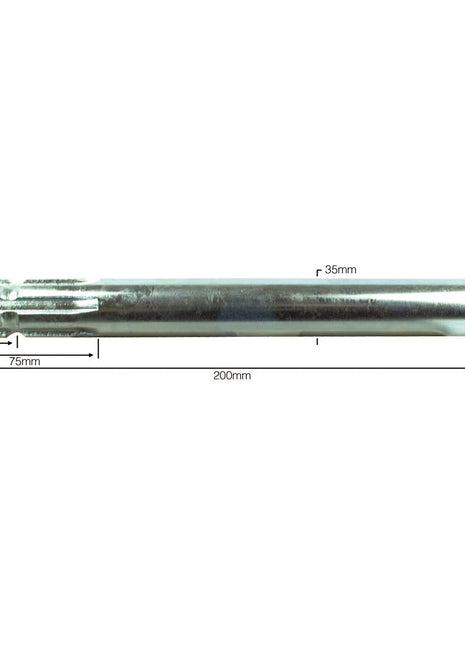 The Sparex PTO Splined Shaft (Part No. S.16384) is a 200mm long metal cylindrical rod with a fluted end, measuring 1 3/8 inches in diameter at one end and 35mm at the other, featuring precise Sparex measurements.