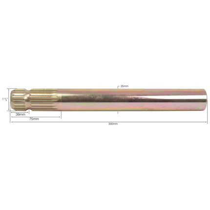 The Sparex PTO Splined Shaft - One End - 1 3/8'' - 6 Spline, Length: 300mm (Sparex Part No.S.15944) features a precisely measured metal cylindrical body with diameters of 38mm at one end and 35mm in the middle, totaling a length of 300mm, and includes an additional smaller section of 75mm extending out by another 35mm.