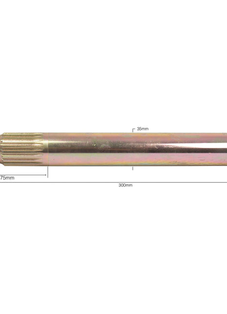 The Sparex PTO Splined Shaft - One End - 1 3/8'' - 6 Spline, Length: 300mm (Sparex Part No.S.15944) features a precisely measured metal cylindrical body with diameters of 38mm at one end and 35mm in the middle, totaling a length of 300mm, and includes an additional smaller section of 75mm extending out by another 35mm.